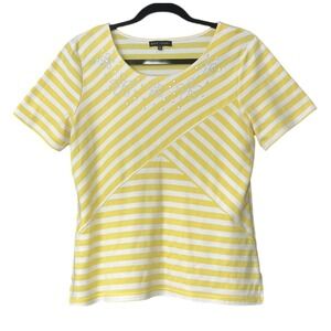 Napa Valley Top Womens Size M Yellow and White Striped Shirt S/S Split Hem